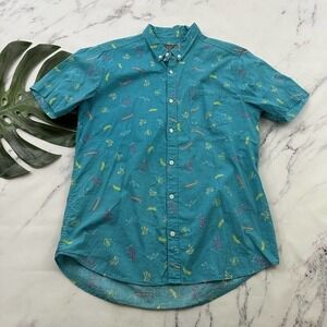 Brooklyn Cloth Mens Hawaiian Shirt Size L Blue Neon Sign Beach Print Flamingo